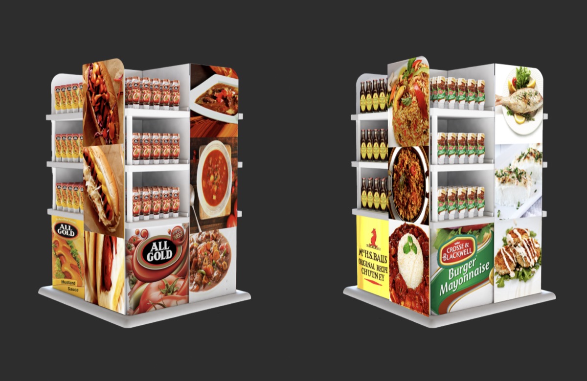 Two four-sided grocery floor-standing units stocked with sauces and spices