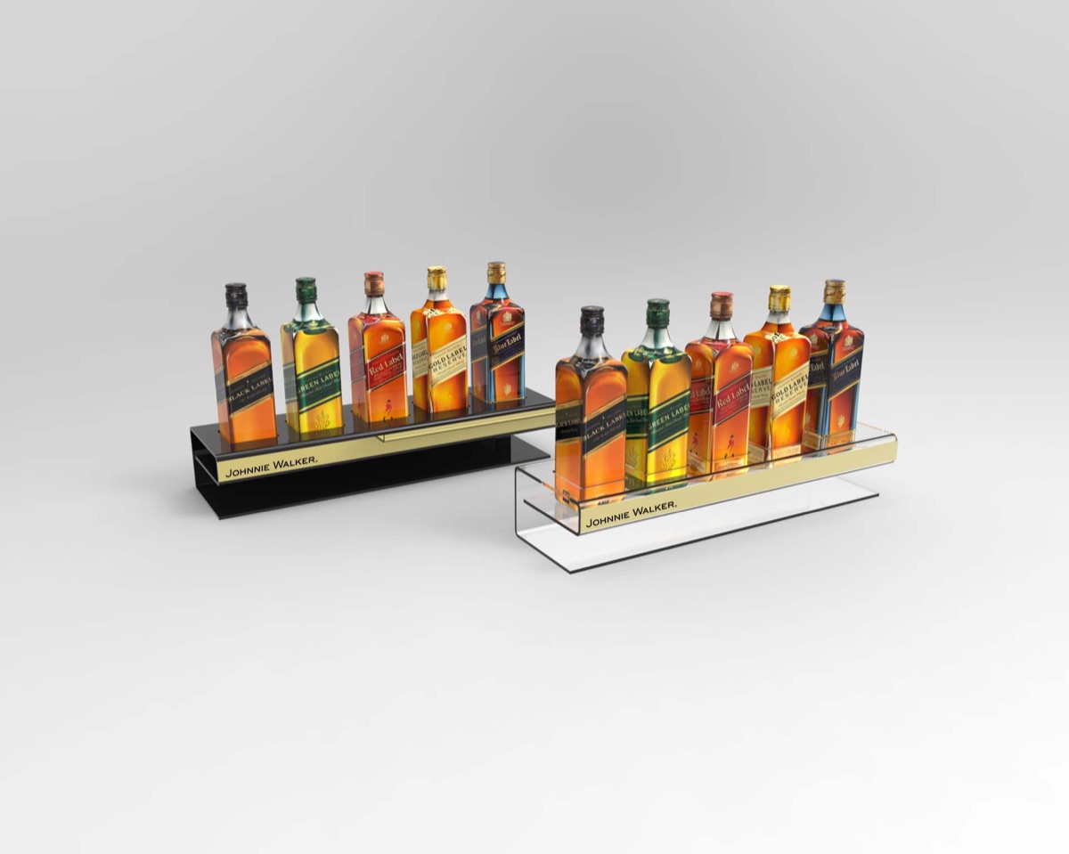 Stepped acrylic back-bar gantry displaying Johnnie Walker bottles